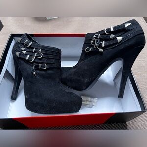 Guess Black Suede Heeled Ankle Boots with Buckle Accents